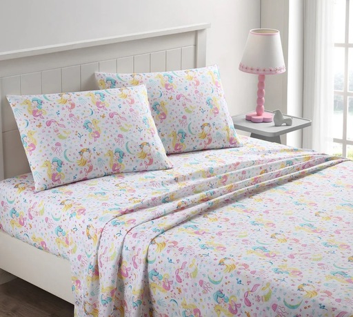 Kute kids pretty mermaid toddler sheet set   3 Piece set includes   One Flat sheet: 60 inches wide *45 inches long  One fitted sheet: 28 inches wide *52 inches long fitting a 10 inch mattress depth  One pillowcase : 30 inches wide *20 inches long   100% microfibre construction
